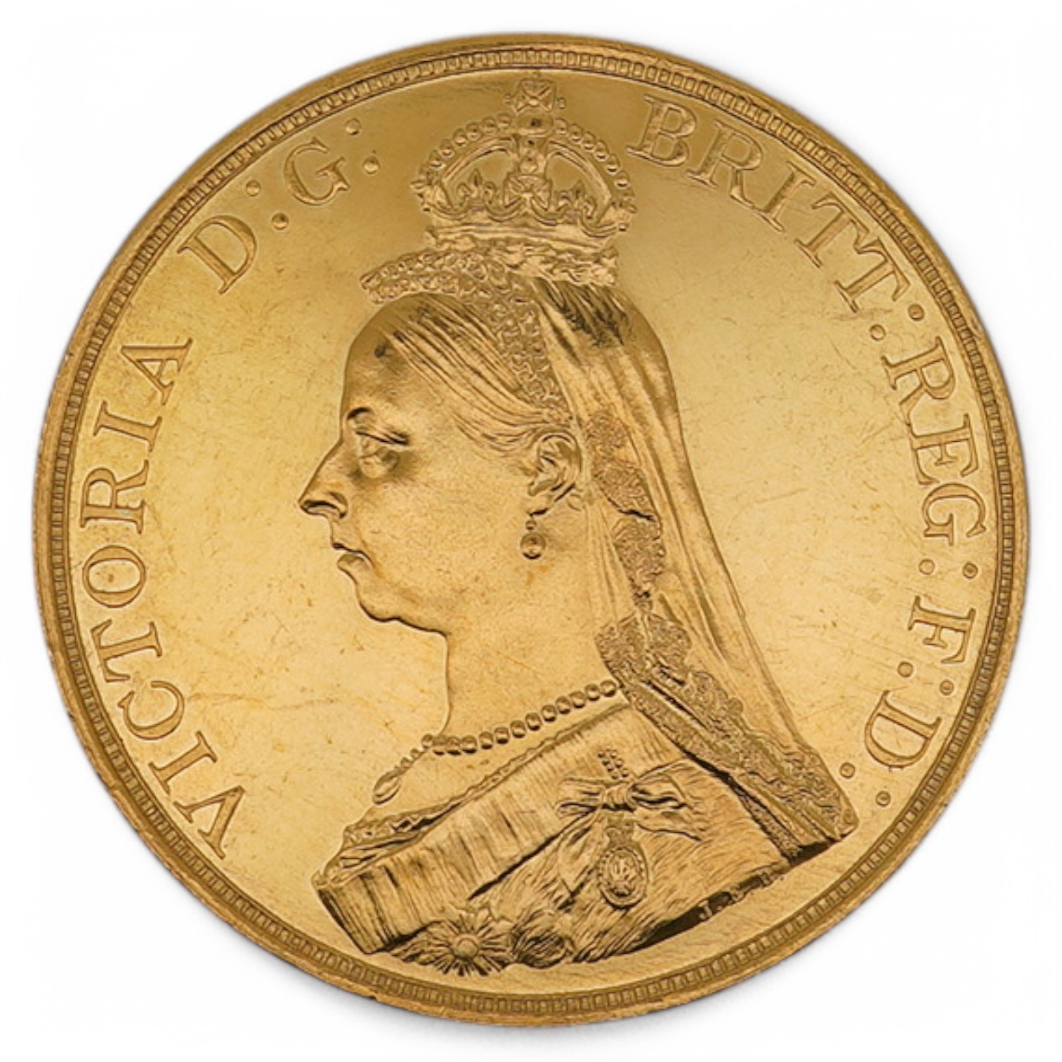 British gold coins, Victoria, gold five pounds, 1887 (S 3864), slight edge wear, possibly cleaned, otherwise good EF